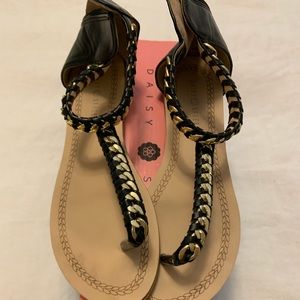 Black and gold t-strap sandal